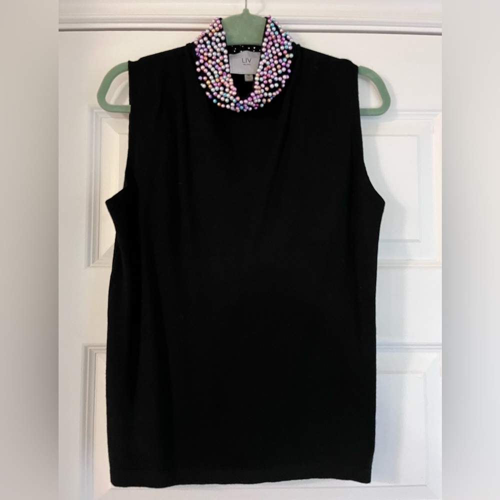 LIV Milano | NWOT Black Sleeveless Sweater with Beaded Neckline (M)